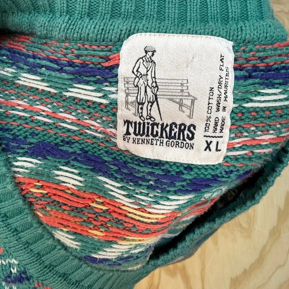 Twickers Kenneth Gordon Vintage Fair Isle Cotton Sweater Vest Teal XL Mens